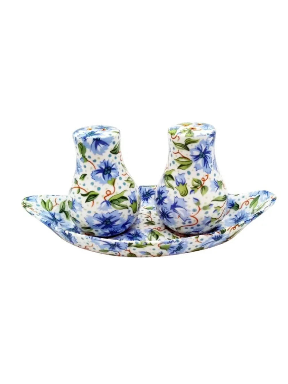 Ainsley Two's Company Salt Pepper Shakers Tray Blue Floral Ceramic Set